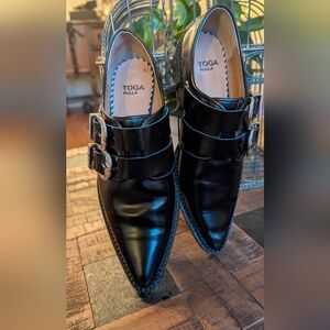 Toga Pulla SSENSE Exclusive black‎ leather Western Oxfords with signature silver